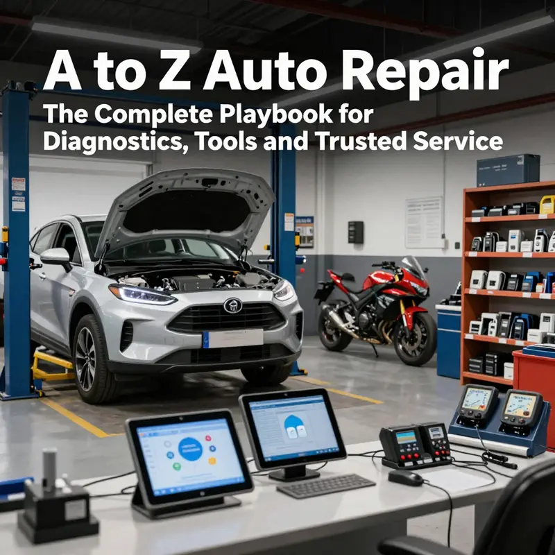 A modern auto repair shop showing both cars and motorcycles with advanced diagnostic tools.