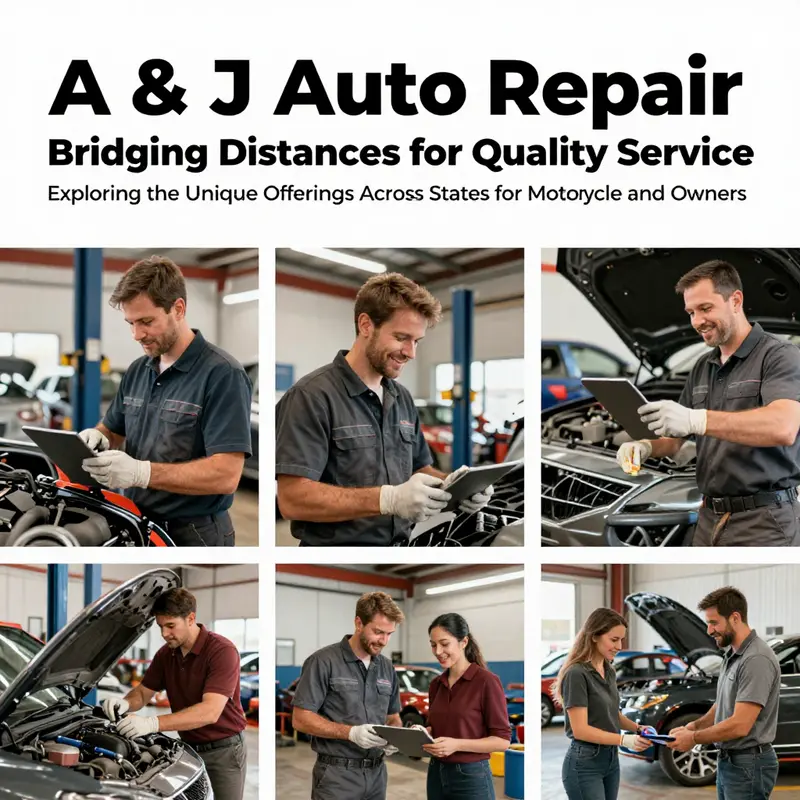 A collage of A & J Auto Repair detailing mechanics, happy customers, and vehicles in a professional garage setting.