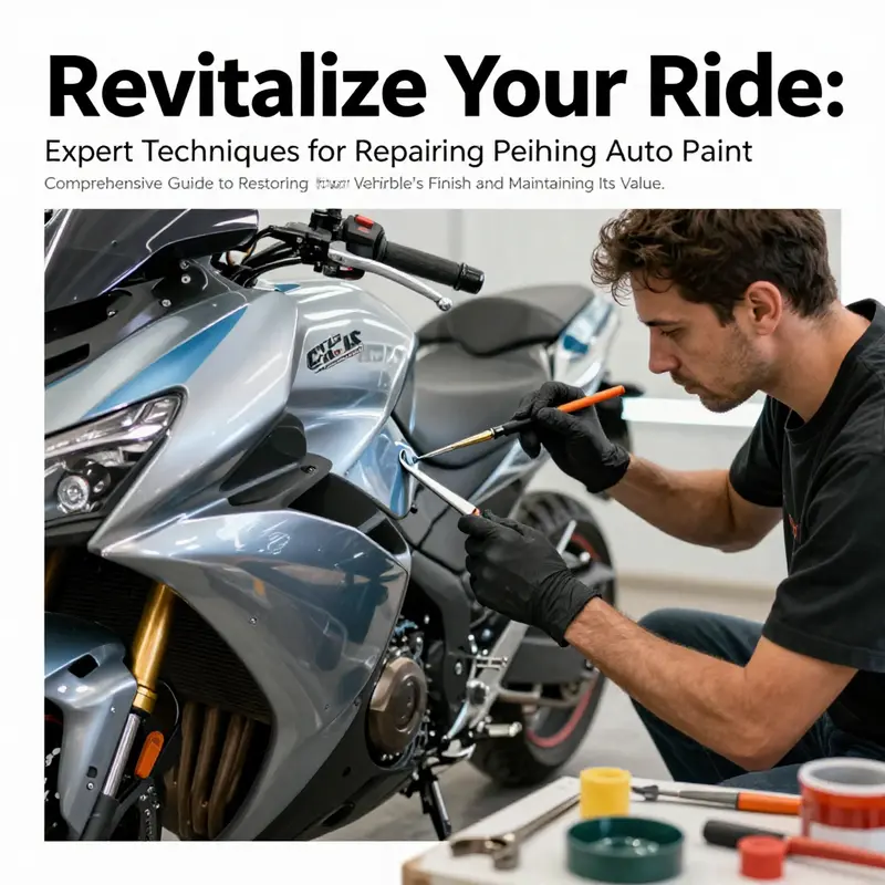Mechanic applying touch-up paint to a motorcycle in a repair workshop.