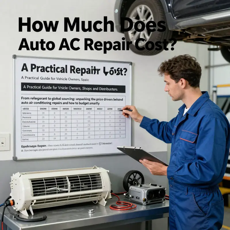 Mechanic with AC components and price visuals in a workshop.