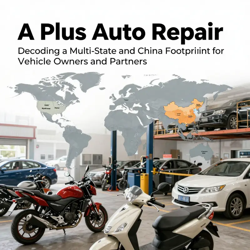 Cover image showing a repair shop and a world map with locations marked for A Plus Auto Repair across multiple U.S. states and Jiangsu, China.