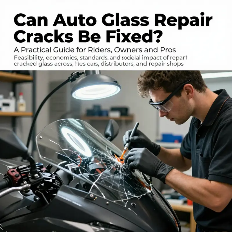 Technician performing resin-based crack repair on a windshield in a workshop, with a UV lamp and safety gear.