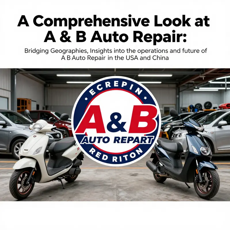 Cover image depicting a vibrant A & B Auto Repair shop with motorbikes and cars, highlighting the auto repair industry.