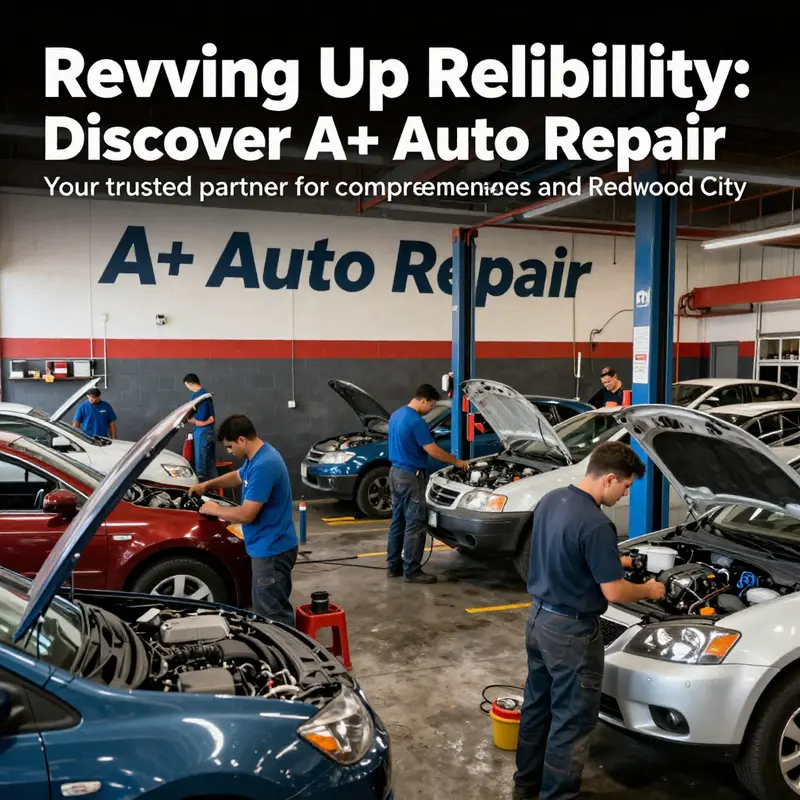 A dynamic view of A+ Auto Repair, featuring mechanics engaged in various repair tasks in a friendly environment.