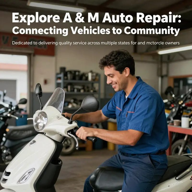 A mechanic servicing a motorcycle in an A & M Auto Repair shop surrounded by tools and parts.