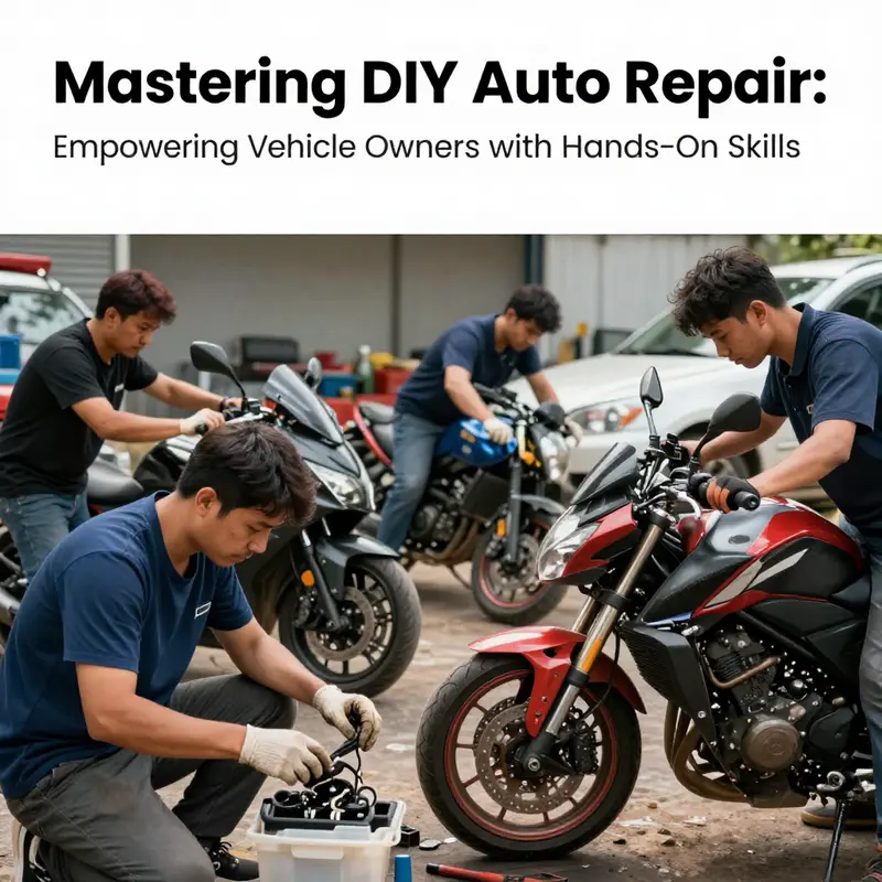 Motorcycle and car owners collaboratively working on their vehicles, highlighting the spirit of DIY auto repair.