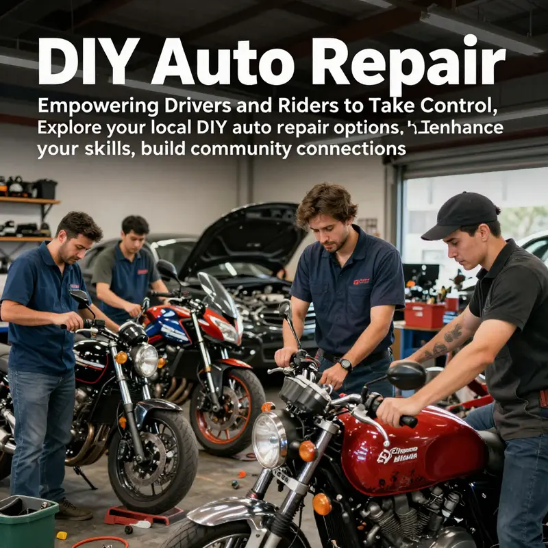 A diverse group of individuals gathered in a DIY auto repair shop, engaged in collaborative vehicle repair activities.