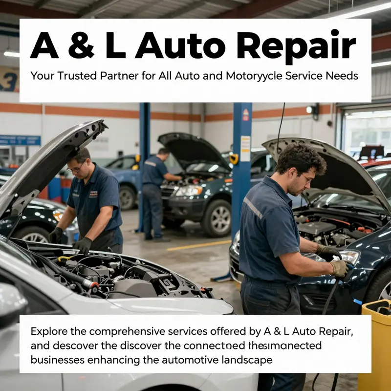 An interior view of A & L Auto Repair illustrating active technicians working on cars and motorcycles, reflecting a professional service environment.