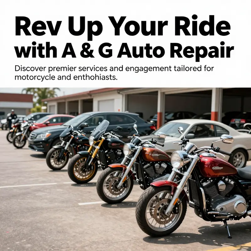 A lineup of motorcycles and cars outside A & G Auto Repair, highlighting the variety of services offered.