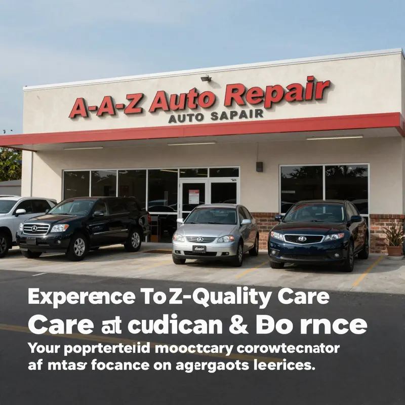 The front view of A-Z Auto Repair in Sarasota, Florida, with a clear sunny day enhancing its approachable exterior.