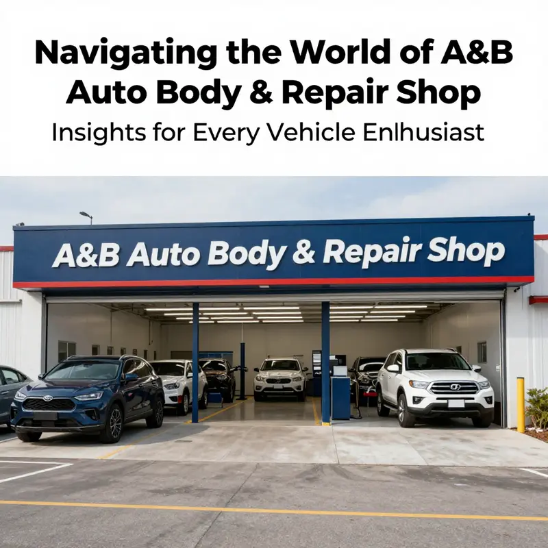 A wide-angle image of A&B Auto Body & Repair Shop depicting busy repair bays and customer service areas.