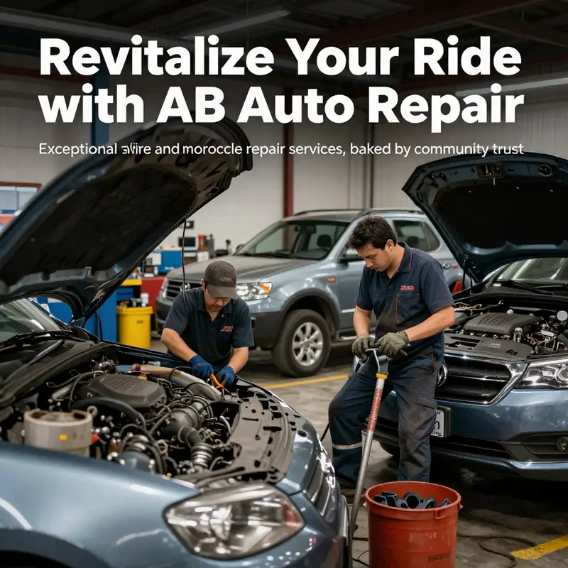 Cover image showcasing the mechanics and diverse vehicles within AB Auto Repair, representing professionalism and customer care.