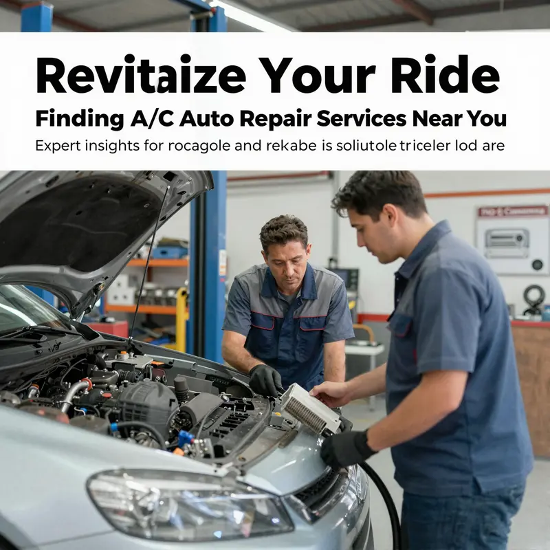 An auto repair shop with mechanics at work on A/C repairs.