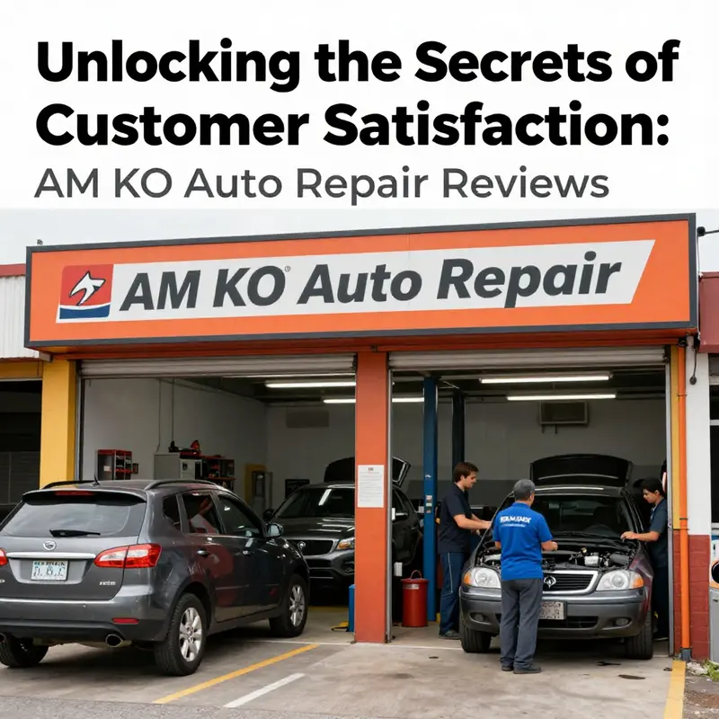 The facade of AM KO Auto Repair showing an active auto repair shop with customer engagement.