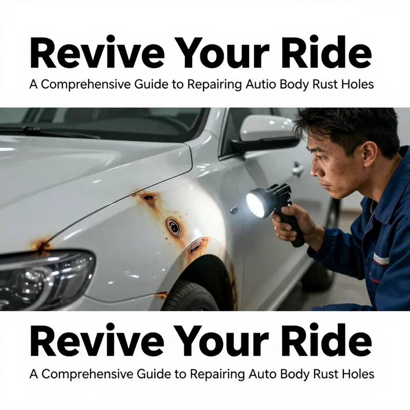 A technician carefully assesses rust damage on a vehicle’s body before repairs.