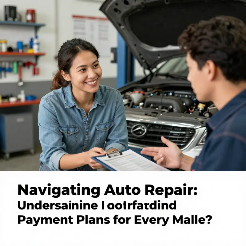 A customer explores payment plan options with a mechanic in a cheerful auto repair shop.