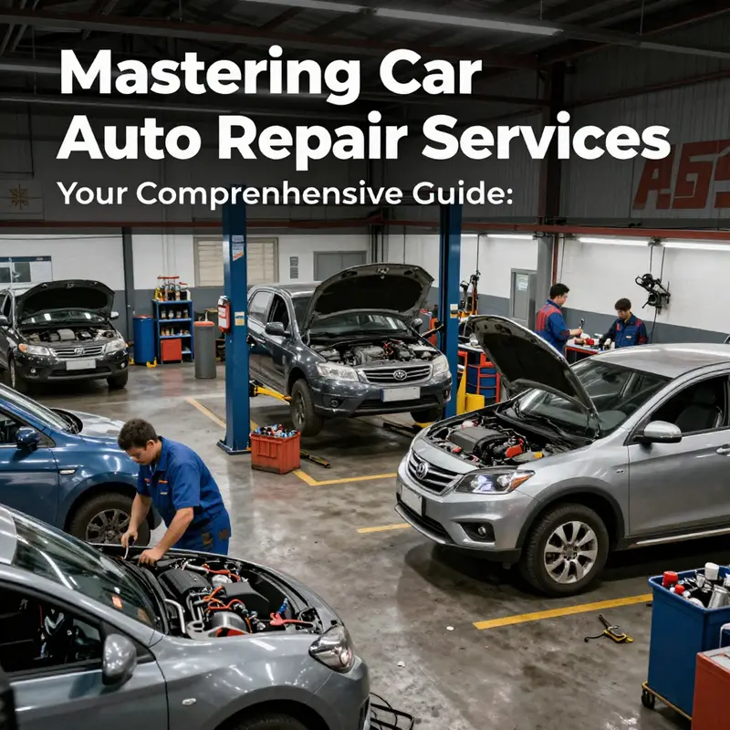 A busy auto repair garage with mechanics working on multiple cars.