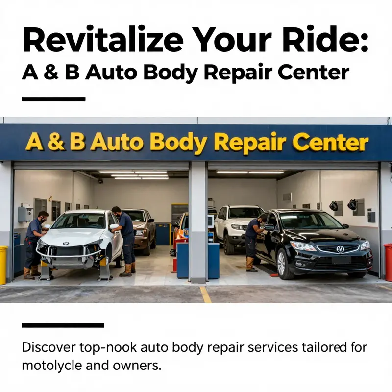 A panoramic view of A & B Auto Body Repair Center with mechanics repairing vehicles.