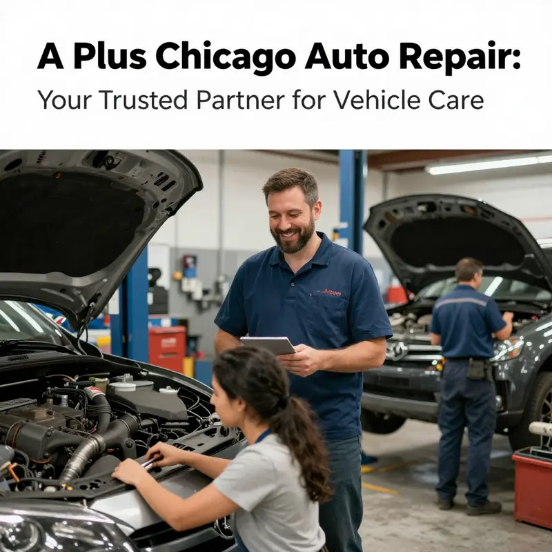 Mechanics engaging with customers in a professional repair shop setting, illustrating the friendly service at A Plus Chicago Auto Repair.