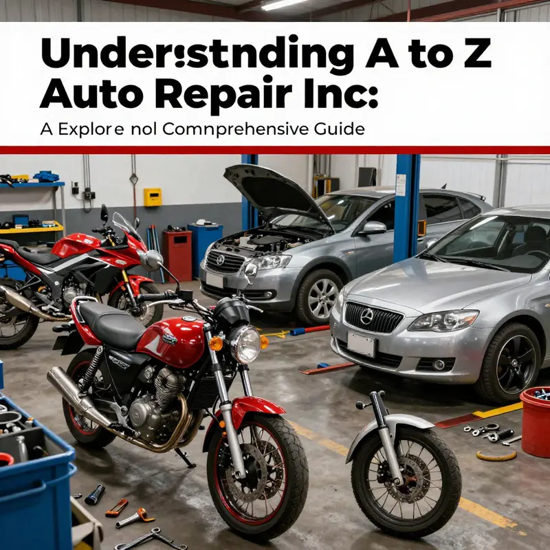 A lively auto repair scene with various vehicles being serviced.