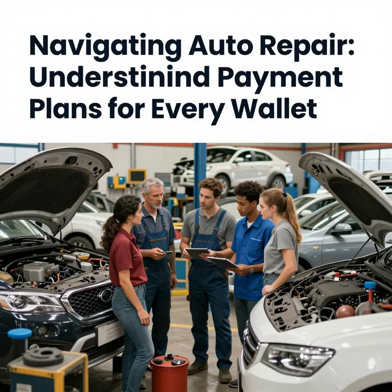 A dynamic group discussion in an auto repair shop about payment plans, surrounded by vehicles and repair tools.
