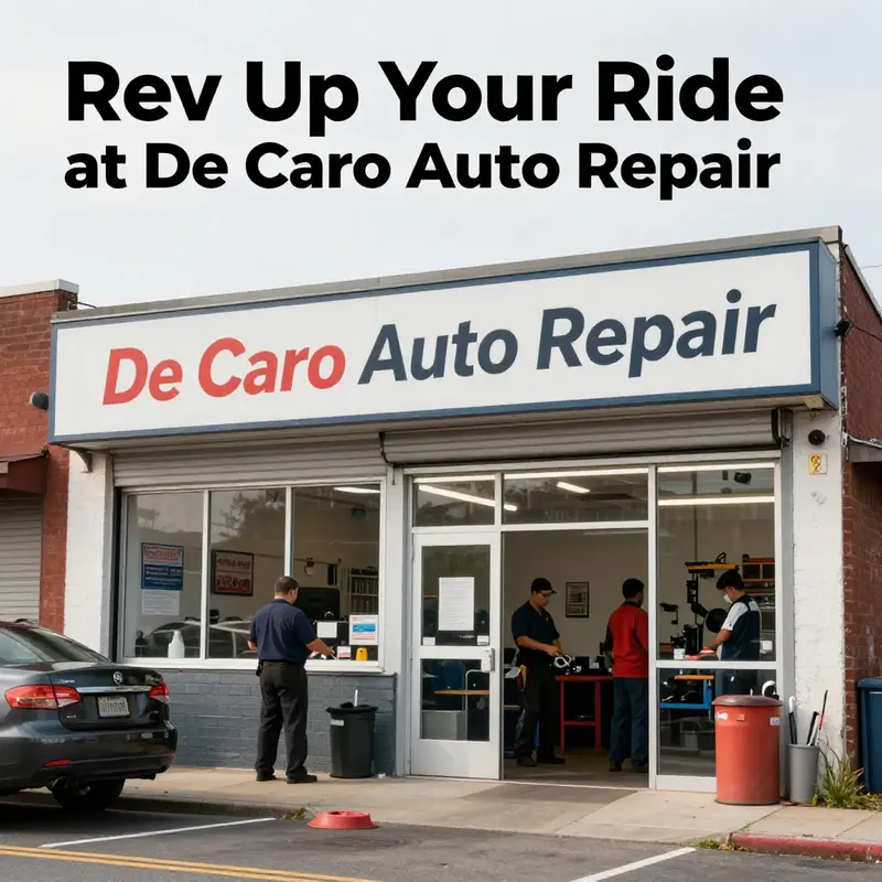 Exterior view of De Caro Auto Repair shop with busy technicians.