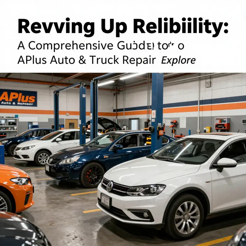 A lively automotive repair shop scene featuring different vehicles undergoing service and repair.