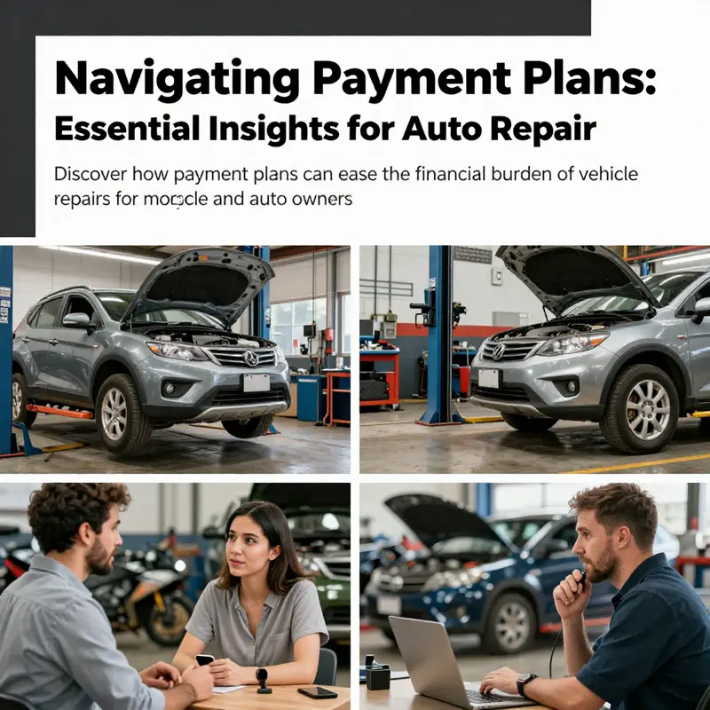 A collage of vehicle repairs happening in a shop, with customers discussing payment plans with mechanics.