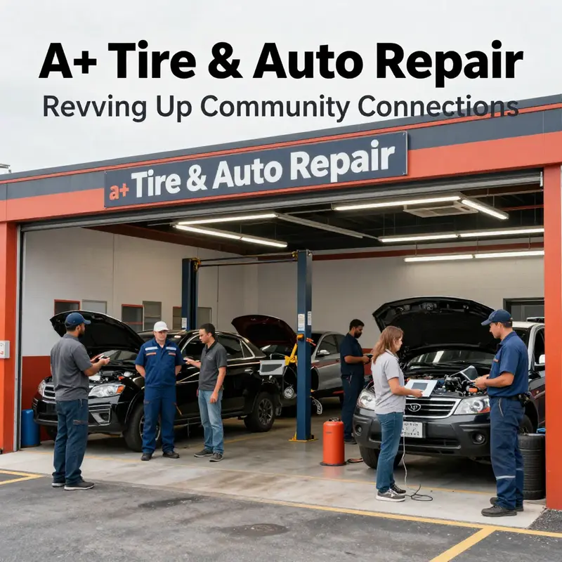 A lively auto repair shop with diverse customers and mechanics illustrating the community focus of A+ Tire & Auto Repair.