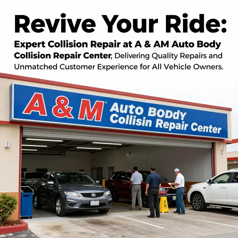Exterior of A & M Auto Body Collision Repair Center with visible signage and bustling activity, symbolizing a trusted vehicle repair hub.
