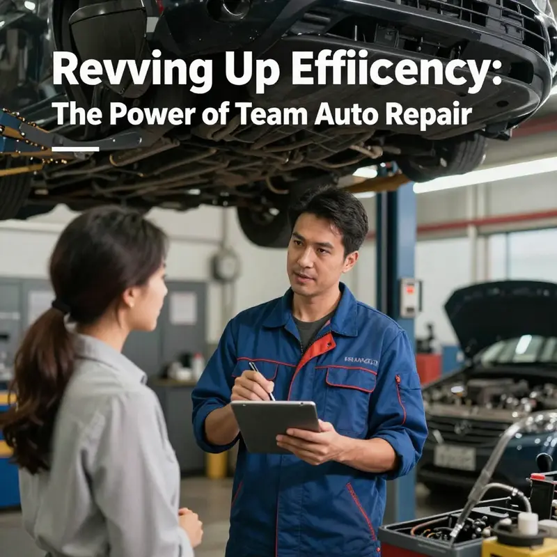 A collaborative auto repair team demonstrates their diverse skills and teamwork in action.