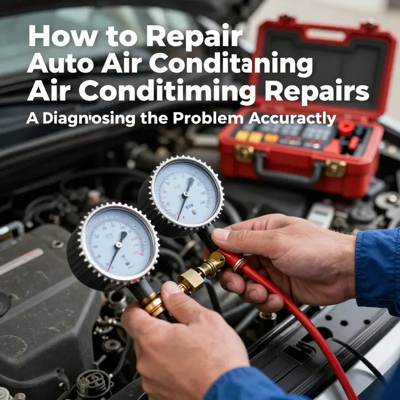 A mechanic diagnosing an automotive air conditioning system using a pressure gauge.