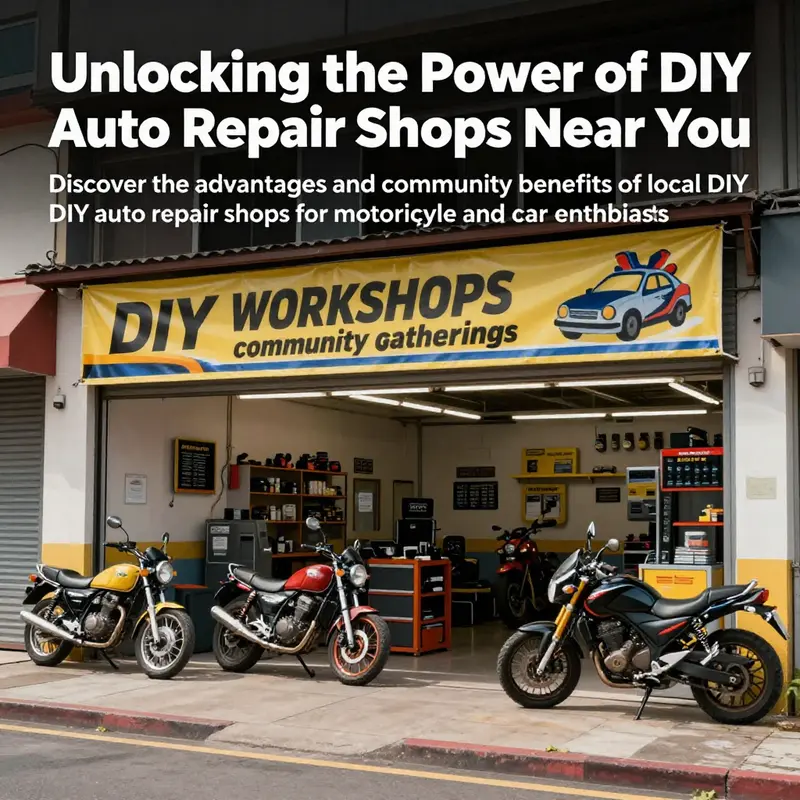 The exterior of a DIY auto repair shop featuring a welcoming entrance and banners about workshops for the local community.