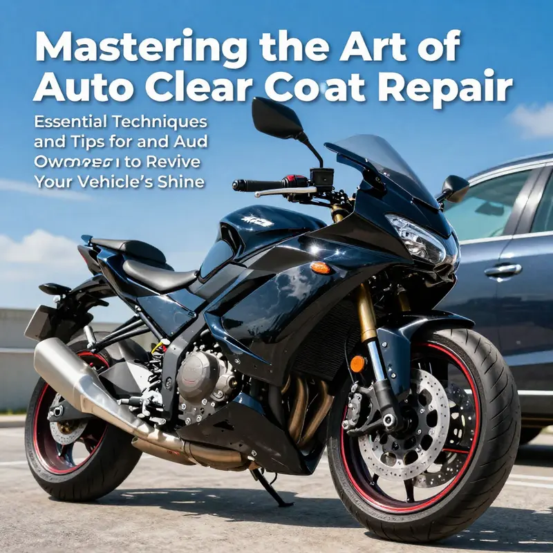 A motorcycle and car with gleaming clear coat finish in sunlight, highlighting successful repairs.