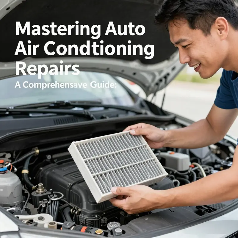 A mechanic diagnosing an automotive air conditioning system using a pressure gauge.