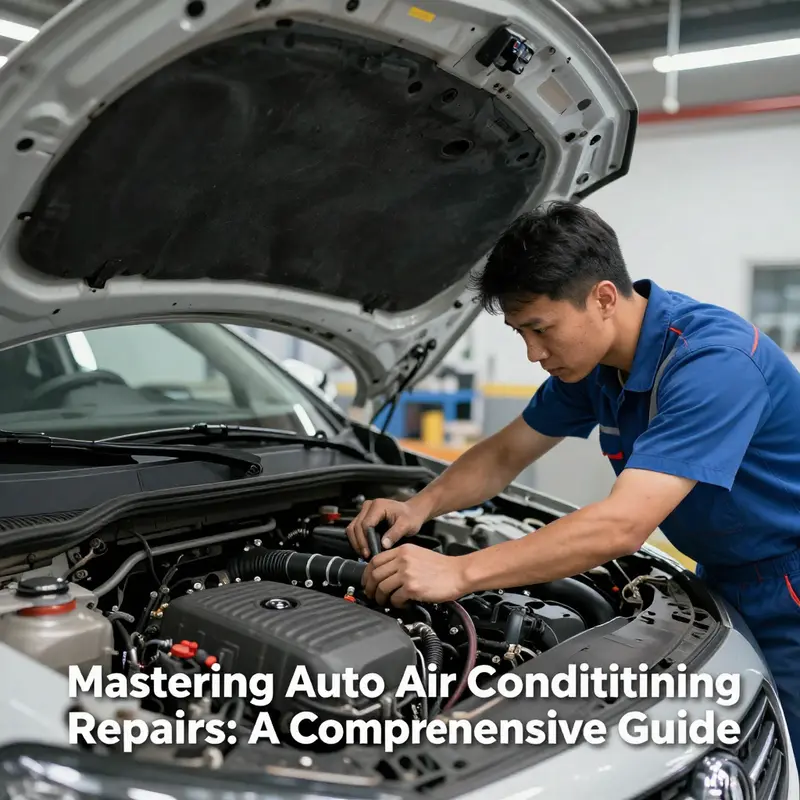 A mechanic engaged in the repair of an air conditioning system in a garage, highlighting the expertise required for effective auto repairs.