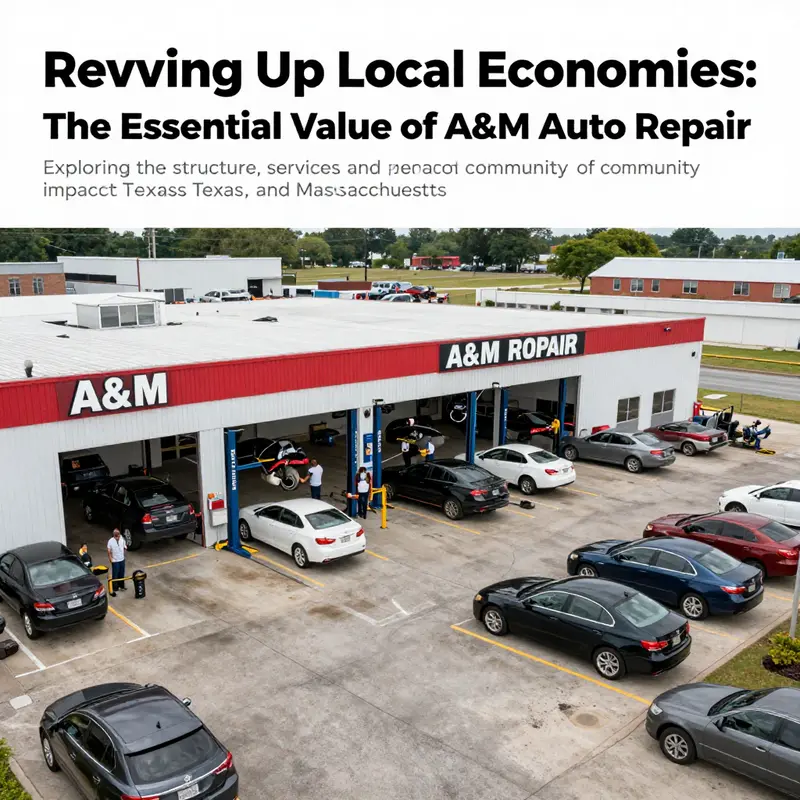 Wide shot of A&M Auto Repair with mechanics working on multiple vehicles, showcasing a variety of services.