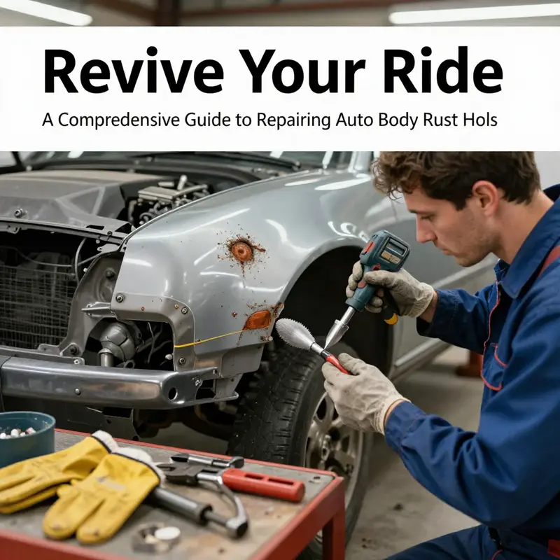 A technician carefully assesses rust damage on a vehicle’s body before repairs.