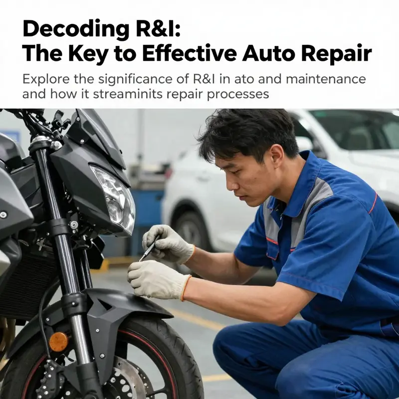 A mechanic examining a motorcycle and a car, illustrating the concepts of removal and installation (R&I) in auto repairs.