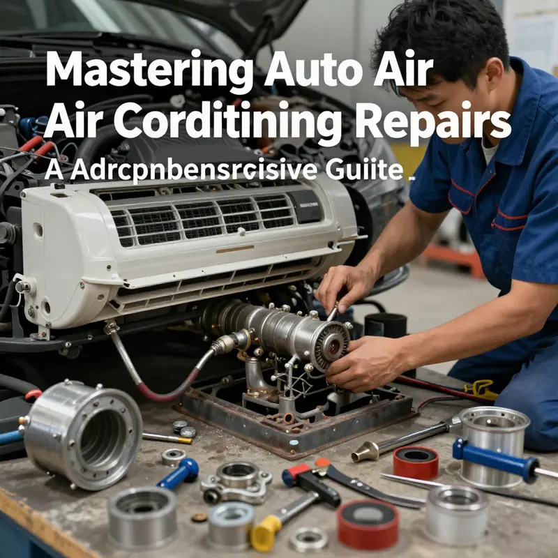 A mechanic diagnosing an automotive air conditioning system using a pressure gauge.