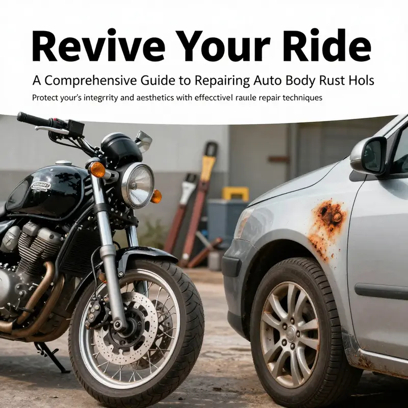 A motorcycle and car being repaired for rust, showcasing a dual-focus on rust repair in auto and motorcycle maintenance.