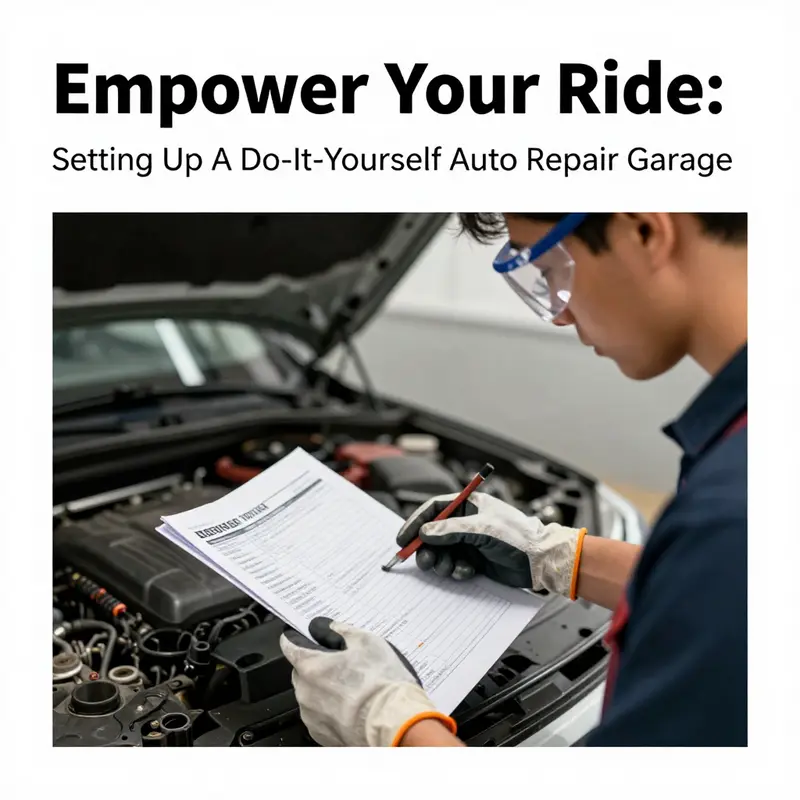 An organized DIY garage ready for auto repairs, showcasing tools and a well-lit working environment.