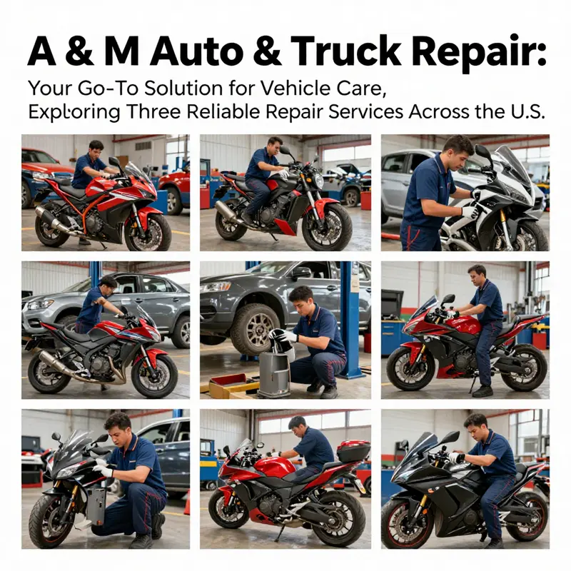A montage of automotive repair activities showing mechanics working on motorcycles and cars, reflecting dedication and service quality.