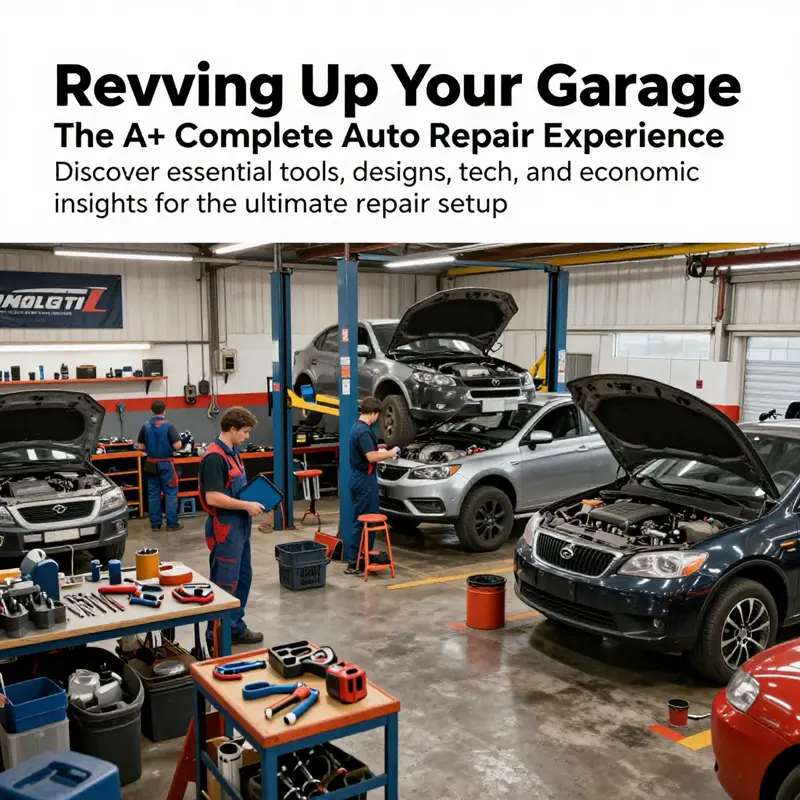 A busy garage workshop filled with mechanics at work, showcasing various auto tools and vehicles, embodying the essence of comprehensive auto repair.