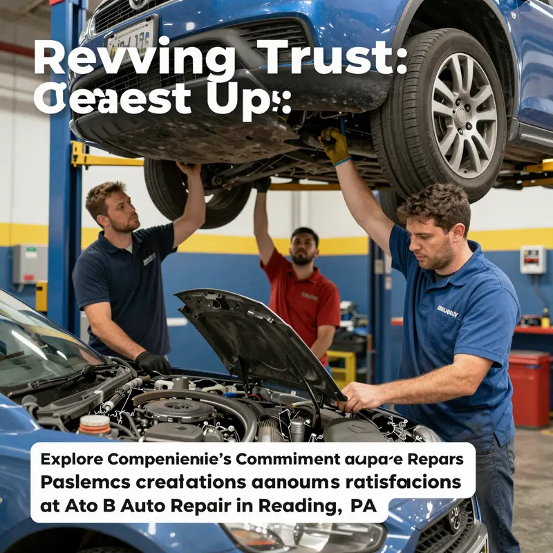 A friendly team of technicians at A to B Auto Repair working together on vehicles.