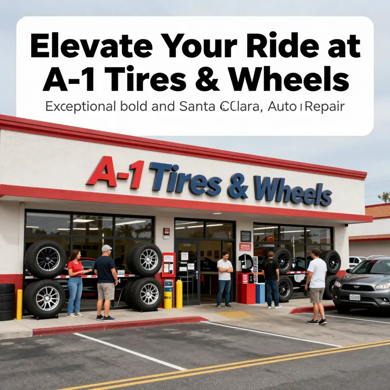 The exterior of A-1 Tires & Wheels shop, filled with customers and vibrant displays.