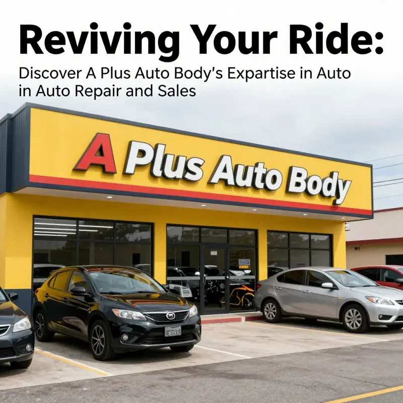 The building of A Plus Auto Body with a sign and several vehicles parked outside.