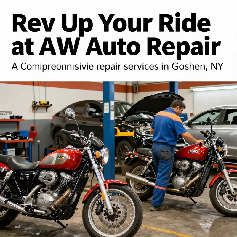 An engaging scene of A&W Auto Repair workshop with mechanics servicing various vehicles.