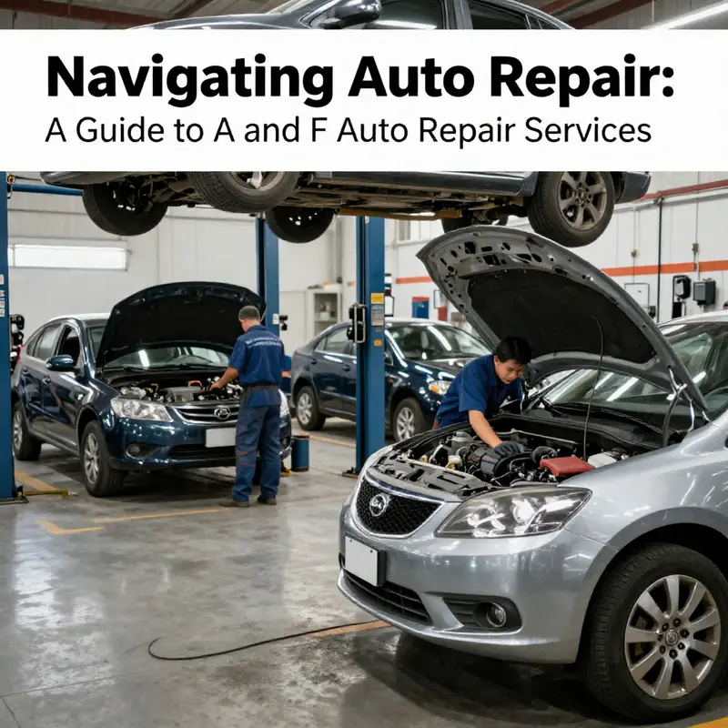 An image of an auto repair shop with technicians servicing cars and motorcycles.