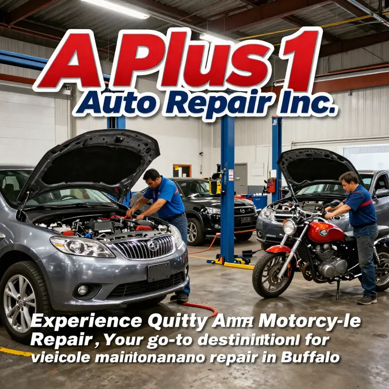 A collage of services being performed at A Plus 1 Auto Repair Inc. including cars and motorcycles.